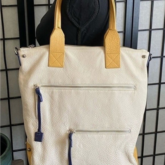 Cream and Yellow Tote Bag with Structured Design Genuine Soft Leather Tote Bag - Picture 1 of 10